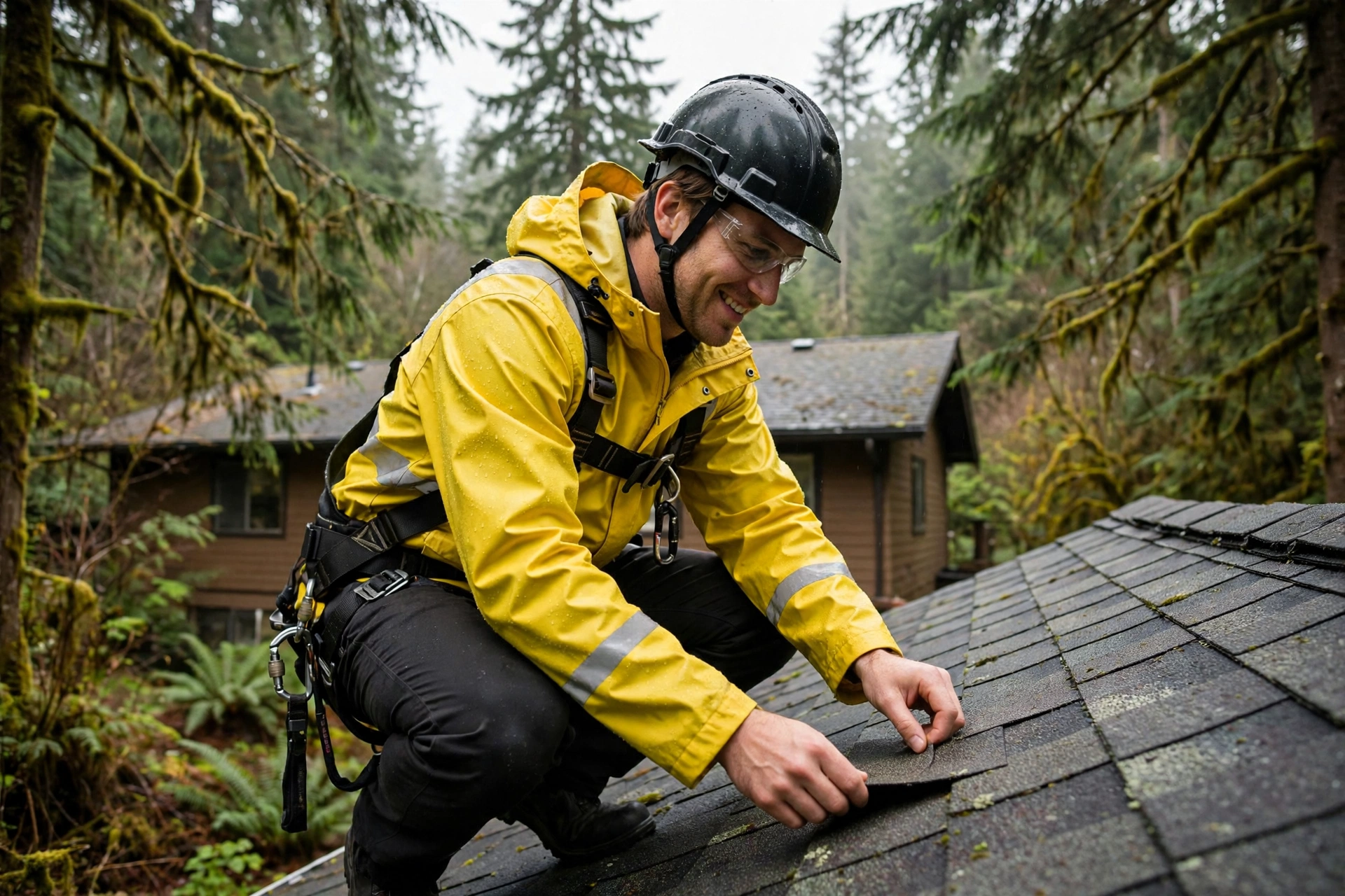 Roof Leak Repair Specialists roofing technician inspecting a residential roof in Burien