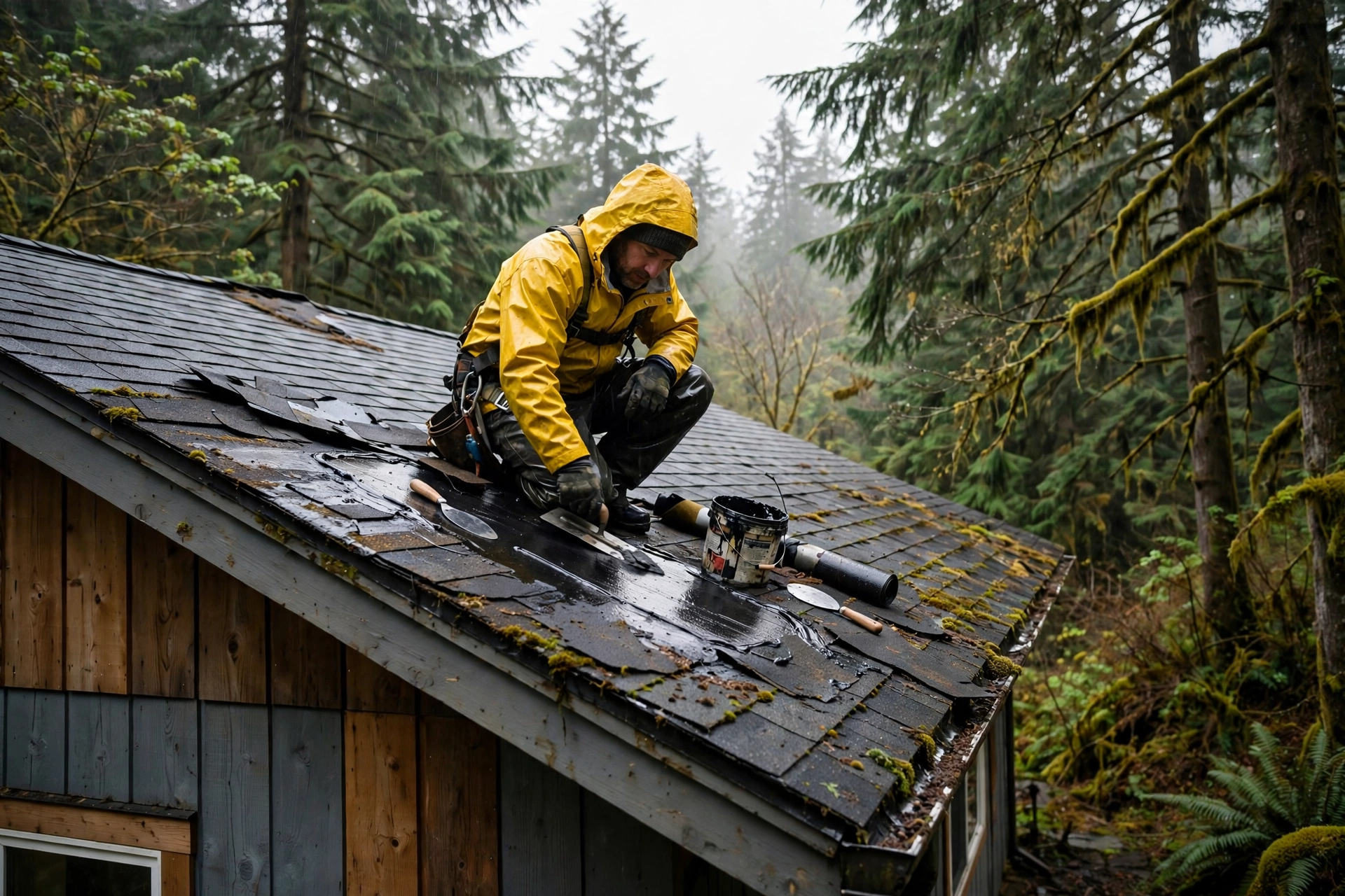 Roofing technician repairing a roof leak on a Burien home